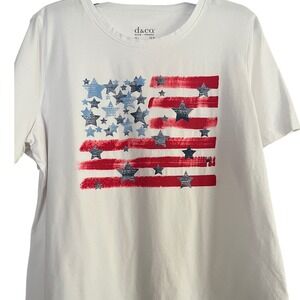 Denim & Company Womens White American Flag Stars Stripes Graphic T-Shirt Large